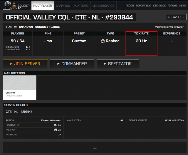 Battlefield 4 High Tickrate auf der Gameserver Detailseite