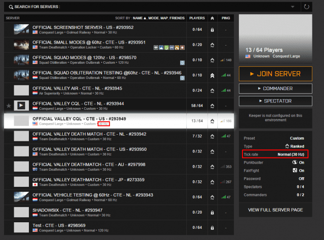 Battlefield 4 High Tickrate Anzeige im Serverbrowser
