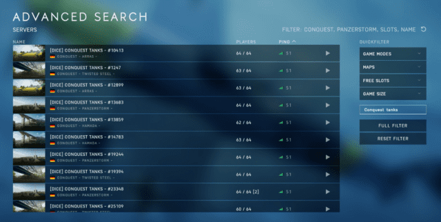 Ihr findet die Server mit dem Suchbegriff "Conquest Tanks" im Serverbrowser