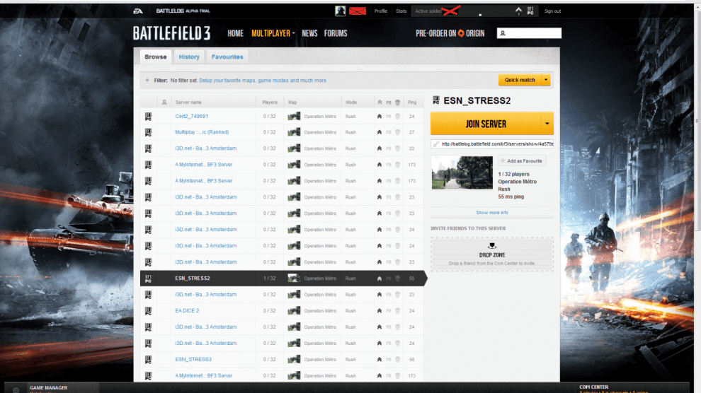 Battlefield 3 - Geleakte Bilder aus der Alpha Trial 6 Battlelog - Serverbrowser